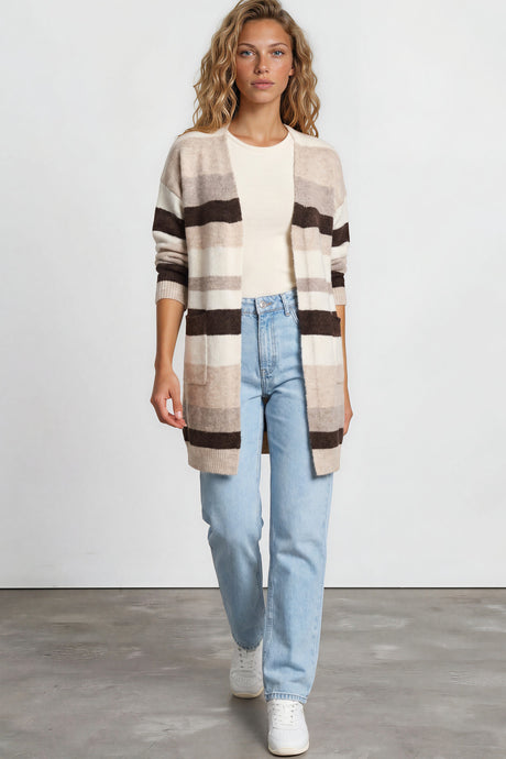 Alfie Cardigan - Open Stripe Knit with Pockets and Rib Knit Trim in Beige