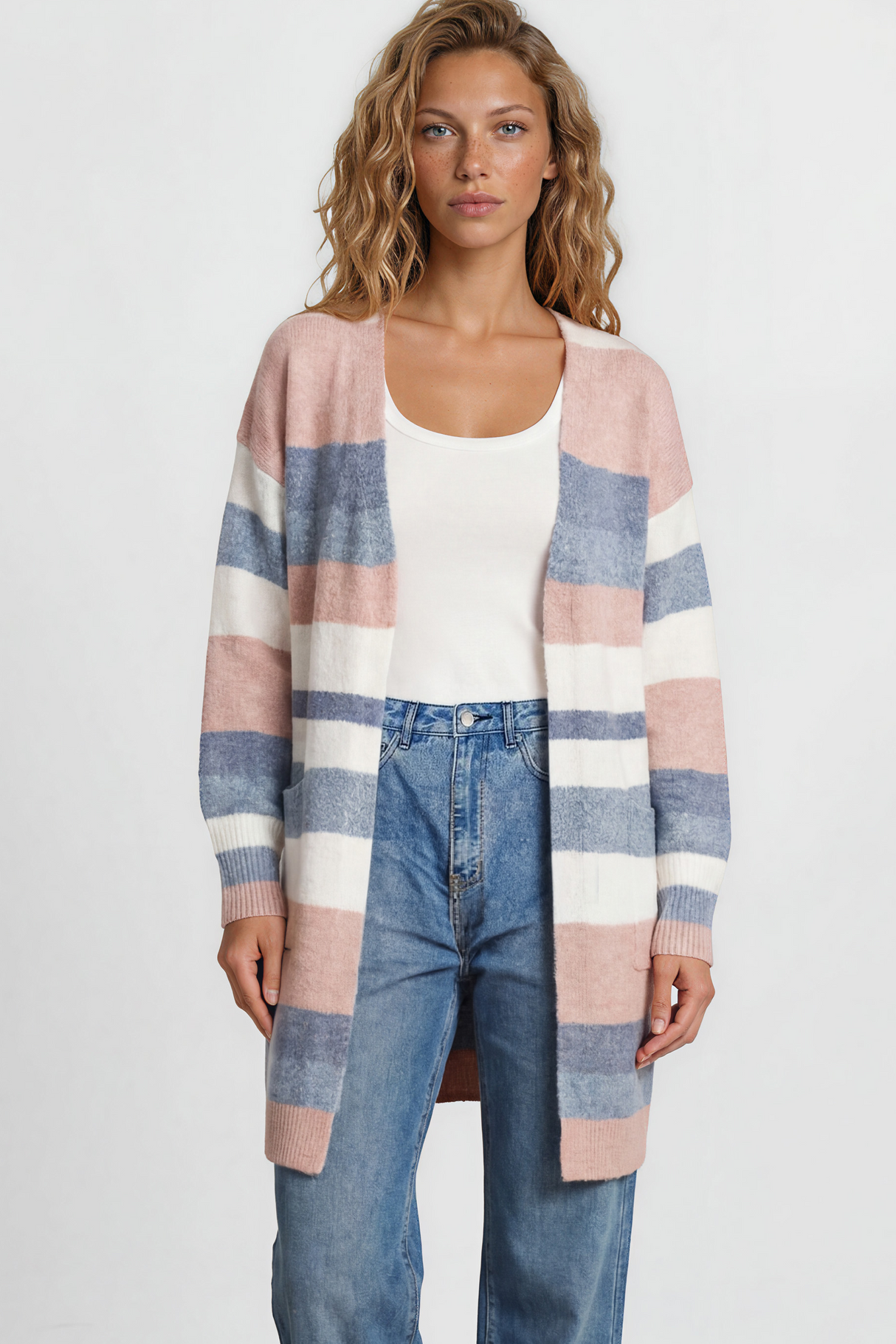Model wearing Alfie Cardigan in Pink/Blue from Salty Crush