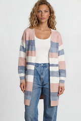 Model wearing Alfie Cardigan in Pink/Blue from Salty Crush