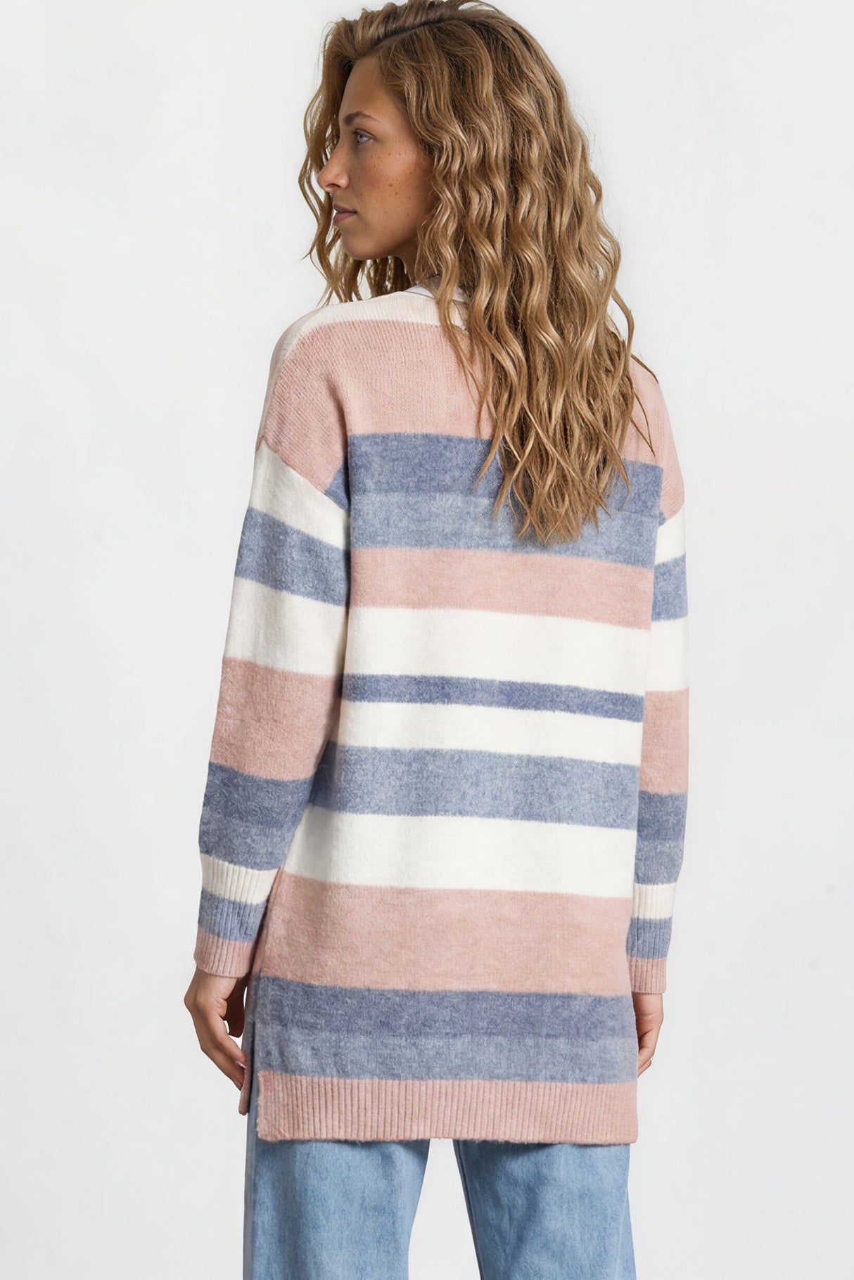 Model wearing Alfie Cardigan in Pink/Blue from Salty Crush