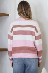 Alfie Jumper - Crew Neck Stripe Knit with Ribbed Hemlines in Pink