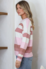 Alfie Jumper - Crew Neck Stripe Knit with Ribbed Hemlines in Pink