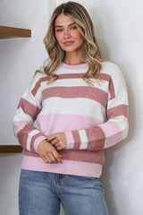 Alfie Jumper - Crew Neck Stripe Knit with Ribbed Hemlines in Pink