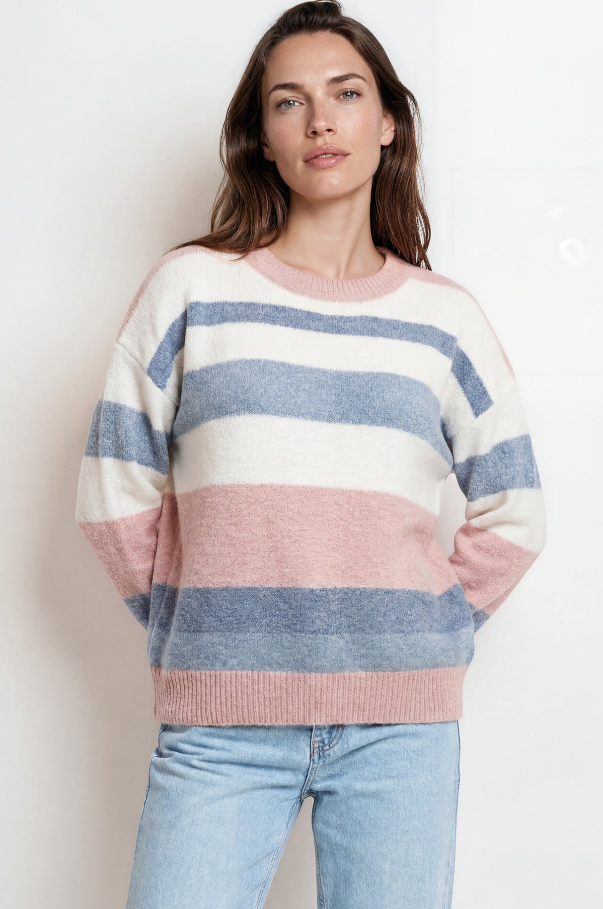Model wearing Alfie Jumper in Blue from Salty Crush