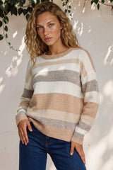 Model wearing Alfie Jumper in Camel from Salty Crush