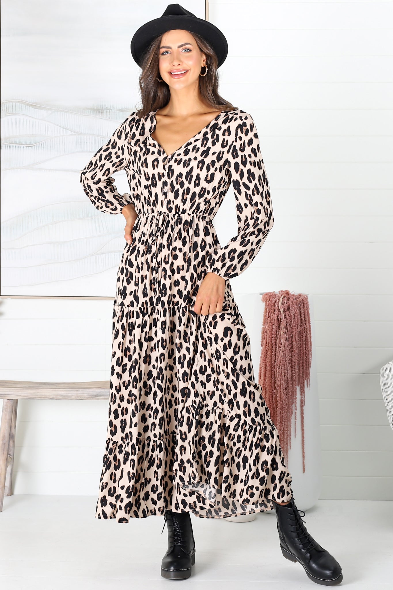 Ali Maxi Dress - Long Sleeve A Line Dress with Pull Tie Waist in Keely Print