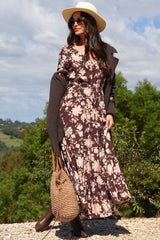Ali Maxi Dress - V Neck Pull Tie Waist Tiered Dress in Hollis Print Brown