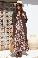 Ali Maxi Dress - V Neck Pull Tie Waist Tiered Dress in Hollis Print Brown