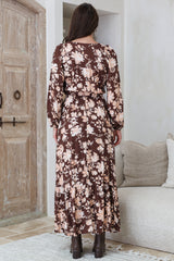 Ali Maxi Dress - V Neck Pull Tie Waist Tiered Dress in Hollis Print Brown
