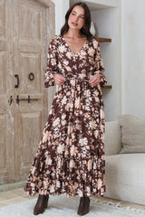 Ali Maxi Dress - V Neck Pull Tie Waist Tiered Dress in Hollis Print Brown