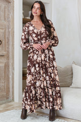 Ali Maxi Dress - V Neck Pull Tie Waist Tiered Dress in Hollis Print Brown