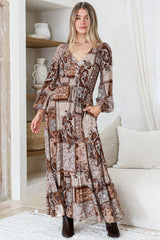 Model wearing Ali Maxi Dress in Novak Print Chocolate from Salty Crush