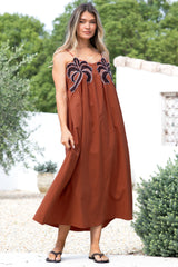 Alice Maxi Dress - Embroidered Sun Dress with Adjustable Straps in Cinnamon