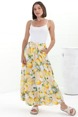 Alice Maxi Skirt - High Waisted Scoop Hemline Skirt with Pockets in Sicily Print