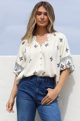 Alicia Top - Mandarin Collar Buttoned-Down Top in Sahara Print Navy