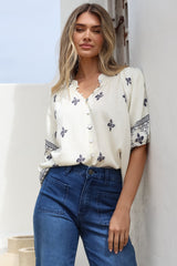 Alicia Top - Mandarin Collar Buttoned-Down Top in Sahara Print Navy