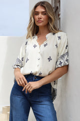 Alicia Top - Mandarin Collar Buttoned-Down Top in Sahara Print Navy
