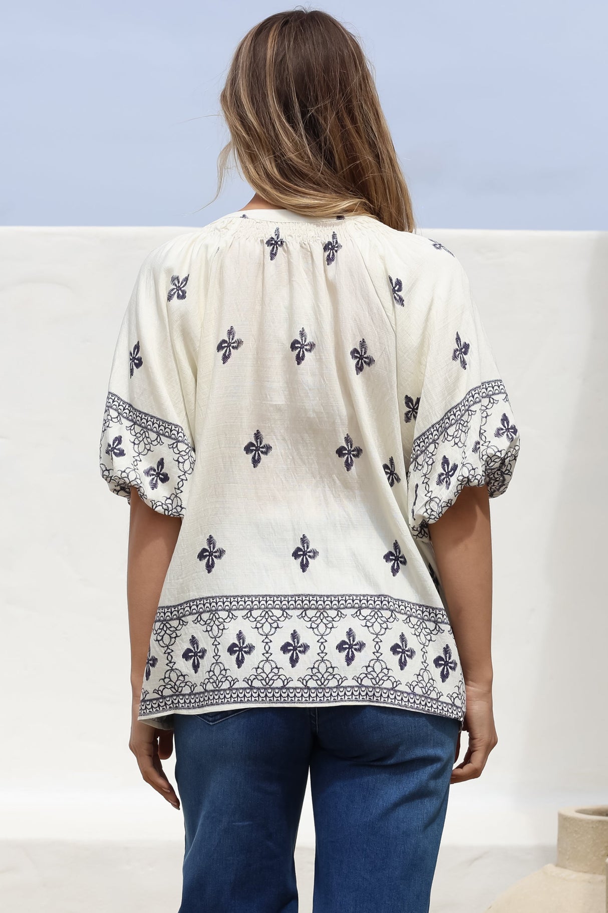 Alicia Top - Mandarin Collar Buttoned-Down Top in Sahara Print Navy