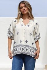 Alicia Top - Mandarin Collar Buttoned-Down Top in Sahara Print Navy