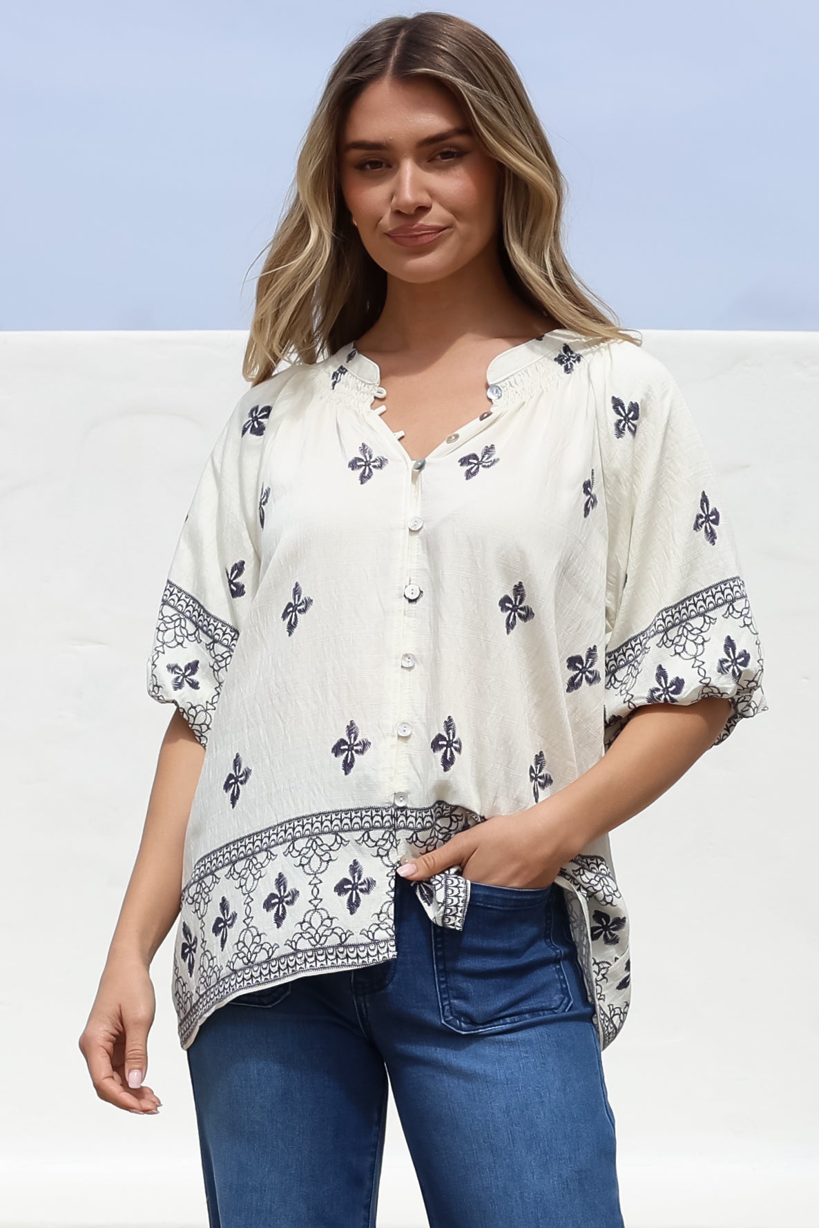 Alicia Top - Mandarin Collar Buttoned-Down Top in Sahara Print Navy
