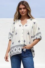 Alicia Top - Mandarin Collar Buttoned-Down Top in Sahara Print Navy