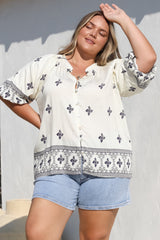 Alicia Top - Mandarin Collar Buttoned-Down Top in Sahara Print Navy