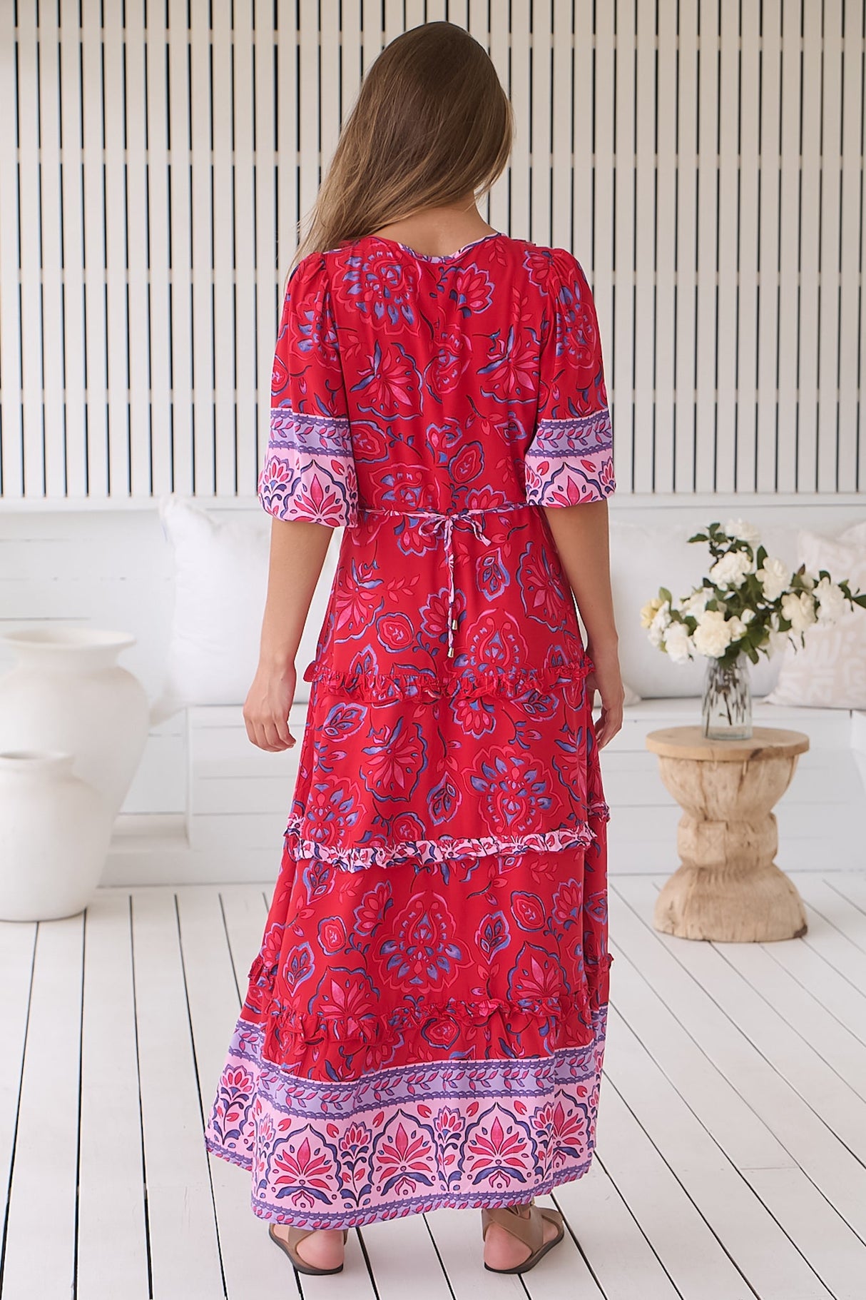 JAASE - Alina Maxi Dress: V-Neck Button Down Dress with Ruffle Splicing in Florian Print