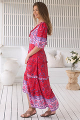 JAASE - Alina Maxi Dress: V-Neck Button Down Dress with Ruffle Splicing in Florian Print