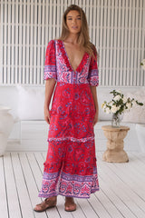 JAASE - Alina Maxi Dress: V-Neck Button Down Dress with Ruffle Splicing in Florian Print