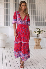 JAASE - Alina Maxi Dress: V-Neck Button Down Dress with Ruffle Splicing in Florian Print