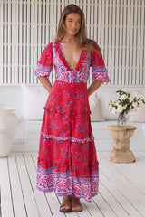 JAASE - Alina Maxi Dress: V-Neck Button Down Dress with Ruffle Splicing in Florian Print