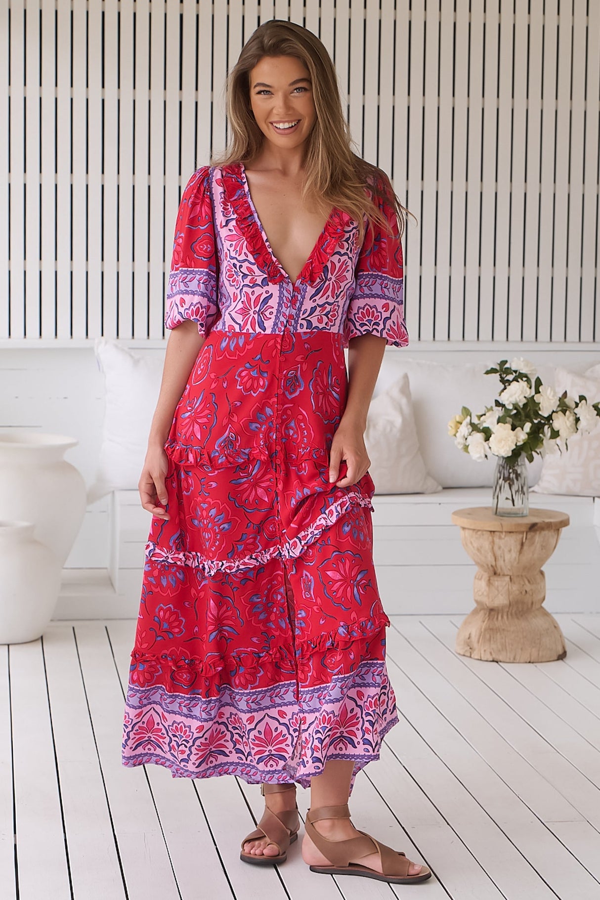 JAASE - Alina Maxi Dress: V-Neck Button Down Dress with Ruffle Splicing in Florian Print