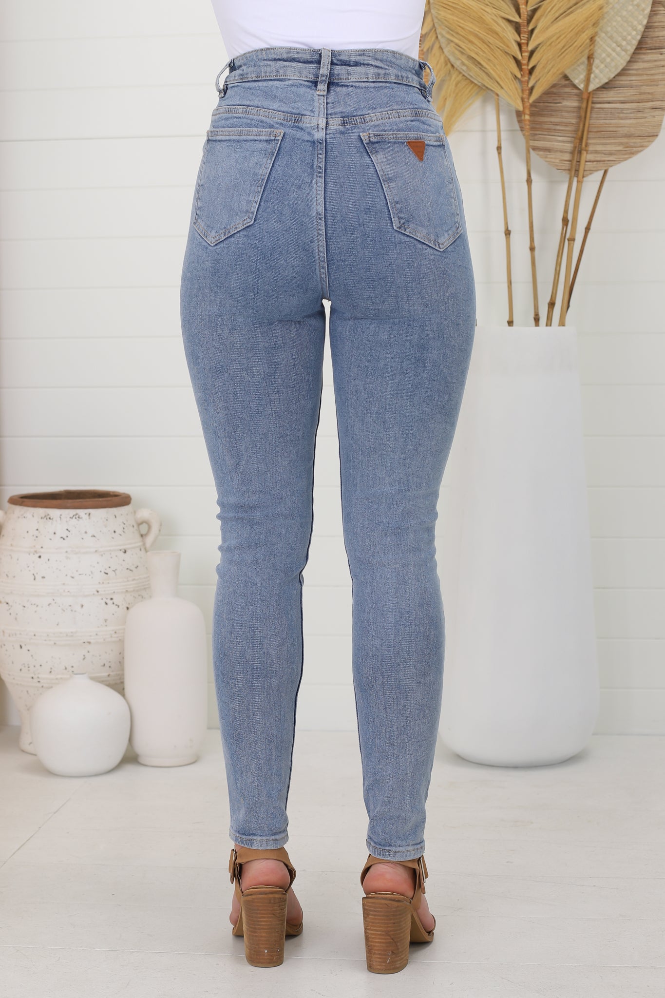 Alini Jeans - Acid Wash Skinny Leg High Waist Jeans in Mid Wash Blue