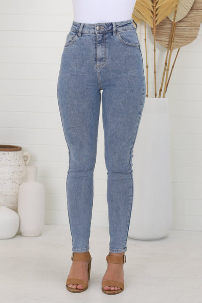 Alini Jeans - Acid Wash Skinny Leg High Waist Jeans in Mid Wash Blue