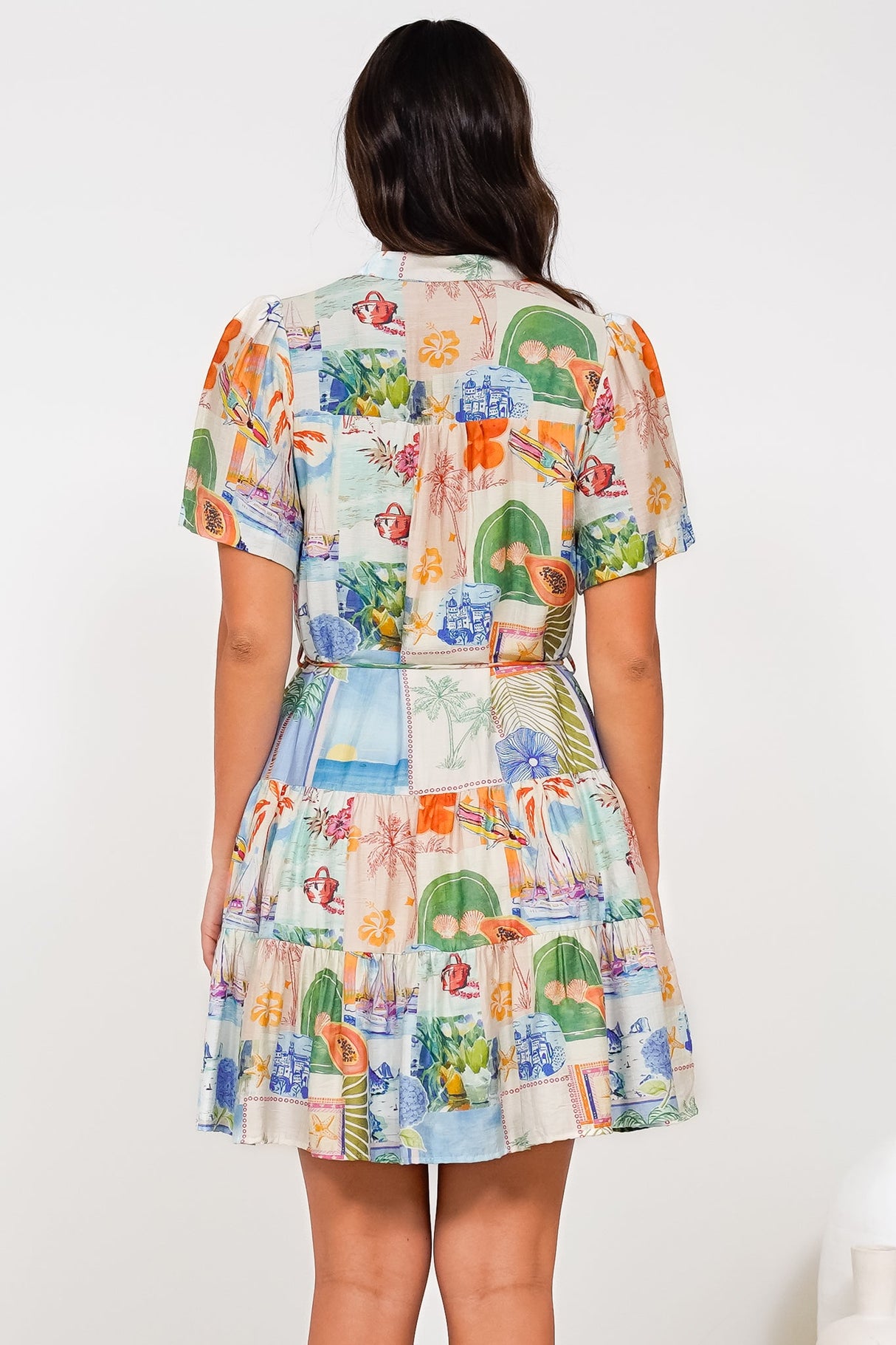 Alissa Mini Dress - Mandarin Collar Shirt Dress with Waist Tie in Holiday Print