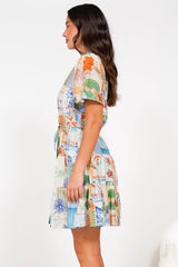 Alissa Mini Dress - Mandarin Collar Shirt Dress with Waist Tie in Holiday Print