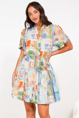 Alissa Mini Dress - Mandarin Collar Shirt Dress with Waist Tie in Holiday Print