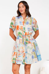Alissa Mini Dress - Mandarin Collar Shirt Dress with Waist Tie in Holiday Print