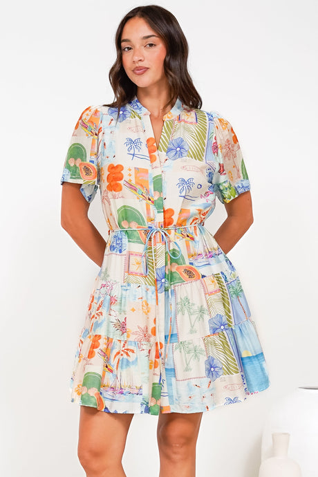 Alissa Mini Dress - Mandarin Collar Shirt Dress with Waist Tie in Holiday Print