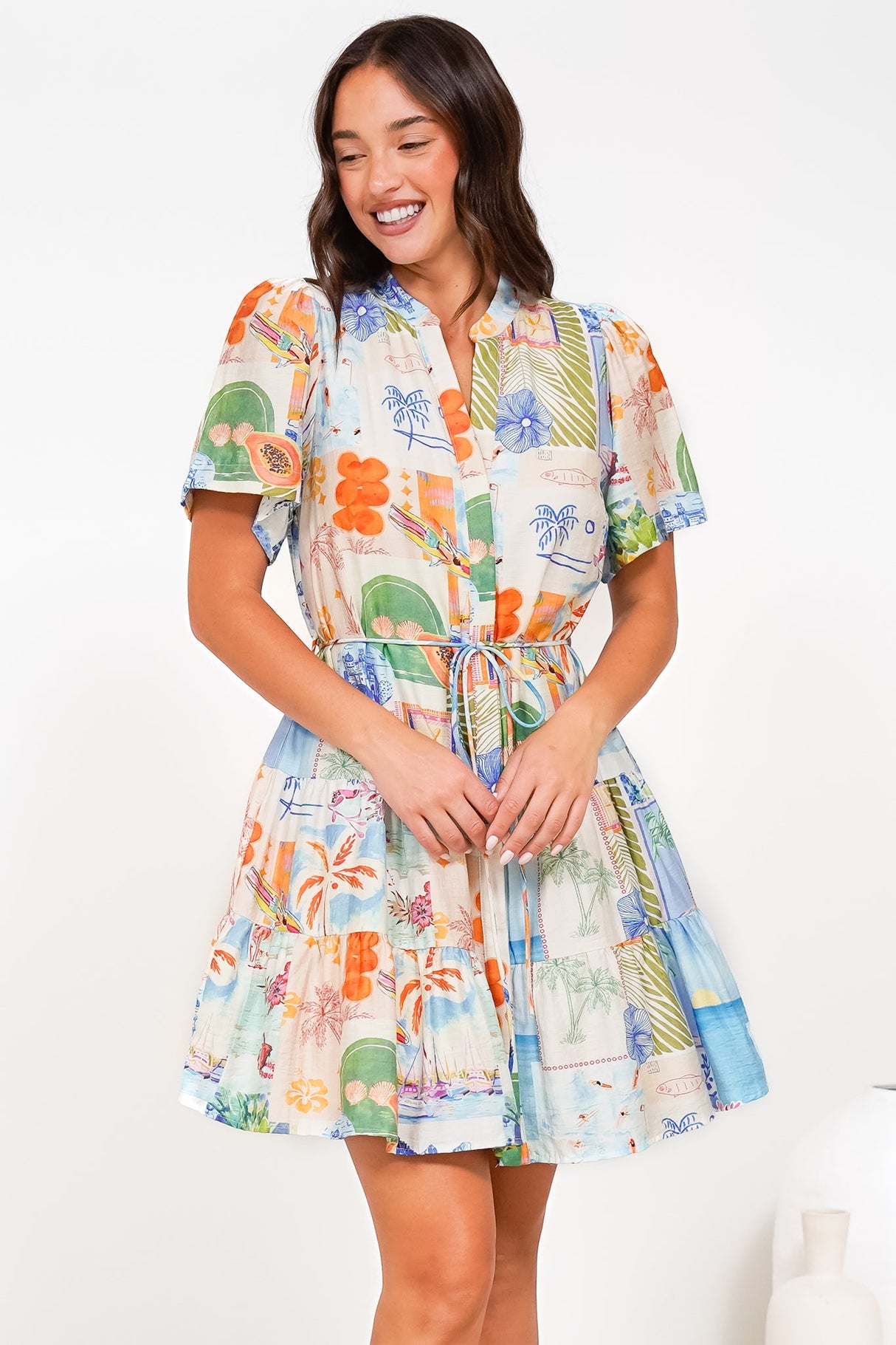 Alissa Mini Dress - Mandarin Collar Shirt Dress with Waist Tie in Holiday Print
