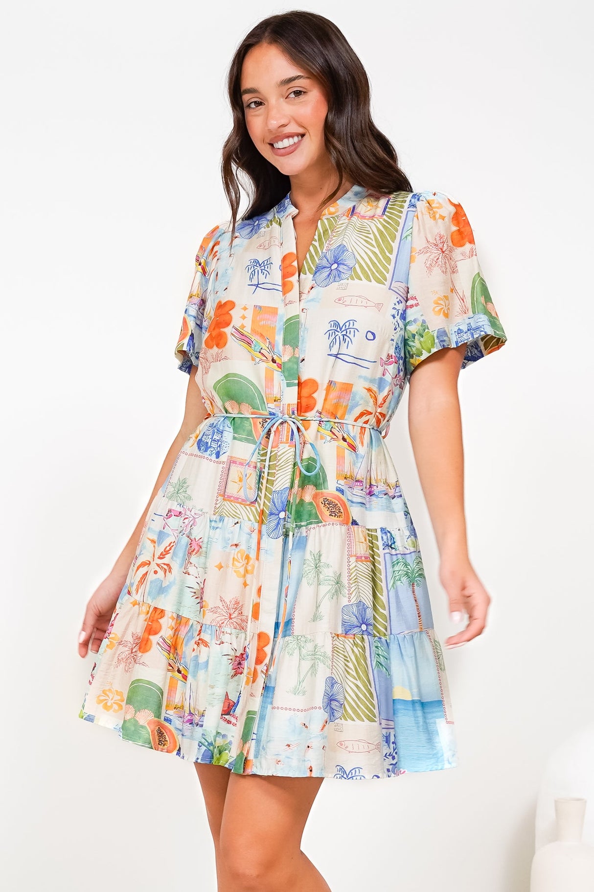 Alissa Mini Dress - Mandarin Collar Shirt Dress with Waist Tie in Holiday Print