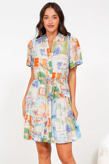 Alissa Mini Dress - Mandarin Collar Shirt Dress with Waist Tie in Holiday Print