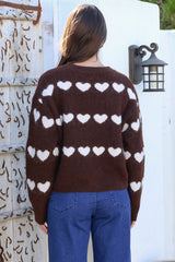 Allaria Cardigan - V-Neck Button Front Heart Motif Knit in Coffee