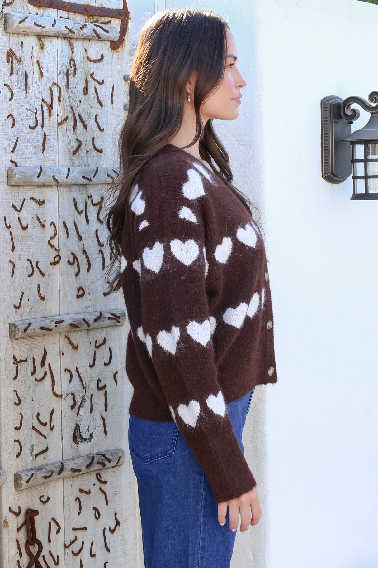 Allaria Cardigan - V-Neck Button Front Heart Motif Knit in Coffee