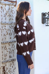 Allaria Cardigan - V-Neck Button Front Heart Motif Knit in Coffee