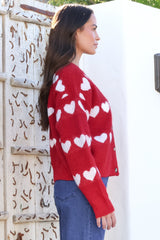 Allaria Cardigan - V-Neck Button Front Heart Motif Knit in Red