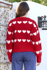 Allaria Cardigan - V-Neck Button Front Heart Motif Knit in Red