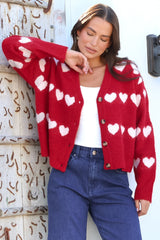 Allaria Cardigan - V-Neck Button Front Heart Motif Knit in Red