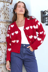 Allaria Cardigan - V-Neck Button Front Heart Motif Knit in Red