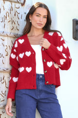 Model wearing Allaria Cardigan in Red from Salty Crush